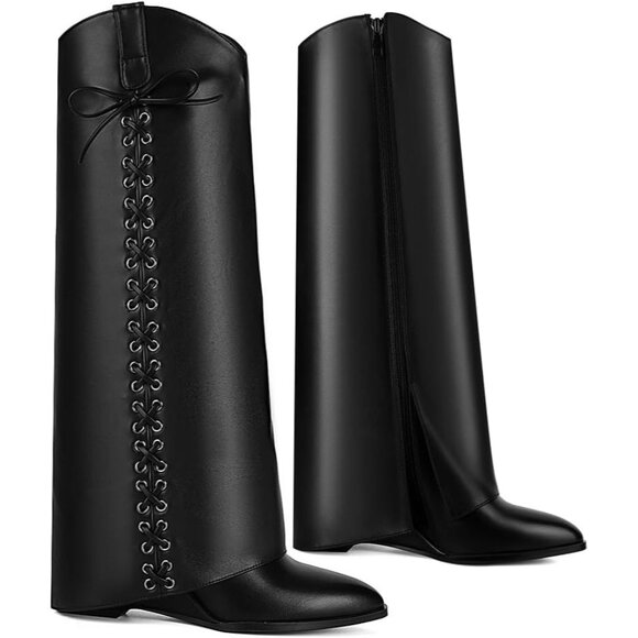 Women Faux Leather Black-11 Pull-on Wedge Heel Knee Shark Padlock Design Boot - Picture 2 of 6